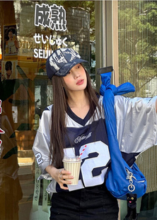 2000archives美式复古字母印花拼接运动风球服宽松V领套头短袖T恤