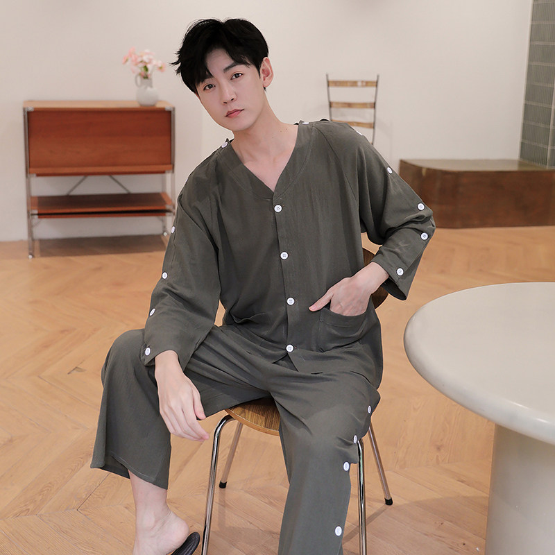 颜叶艾灸服纯棉男前后开扣按摩服