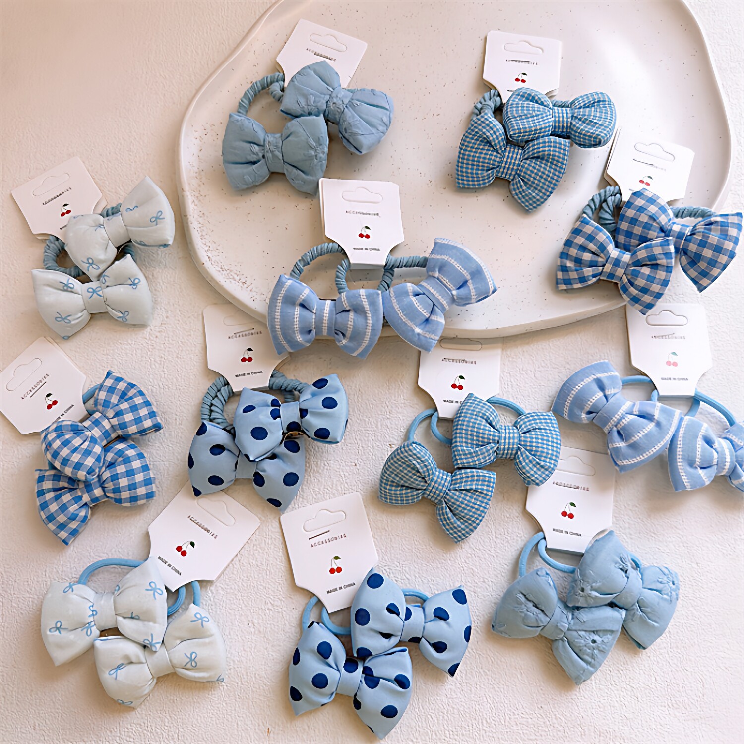 新款儿童蓝色系布艺蝴蝶结发圈女孩扎头发皮筋发绳不伤发头绳发饰