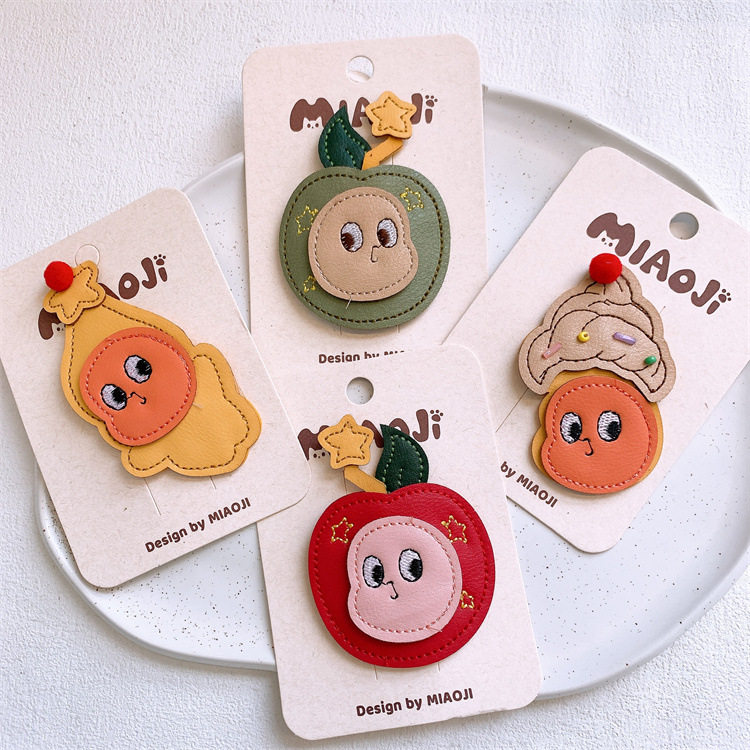 新款儿童皮质可爱卡通娃娃水果发夹小女孩侧边刘海夹宝宝碎发BB夹