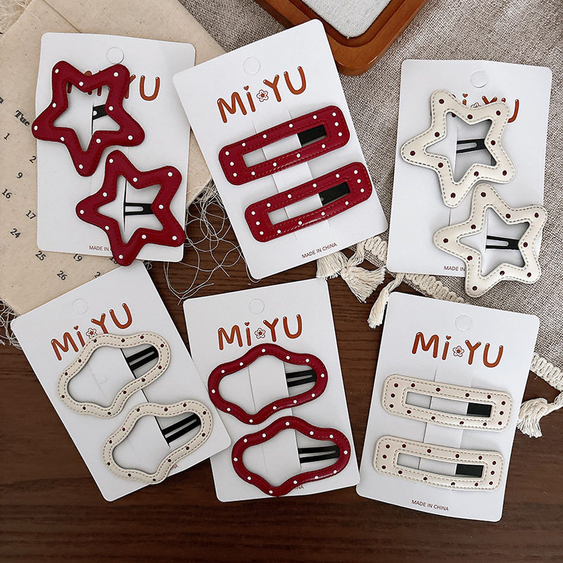 新款皮质红色波点甜美百搭星星刘海bb夹女孩侧边碎发卡子发饰头饰