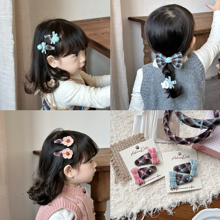新款儿童蝴蝶结格纹发夹可爱卡通兔子发卡女童侧边刘海夹碎发BB夹