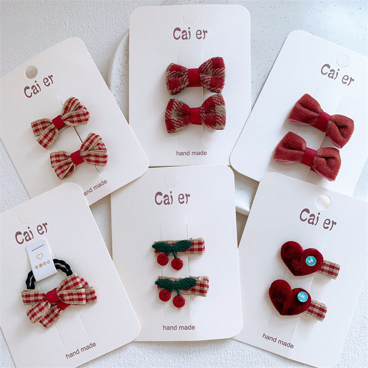 新款儿童布艺格子蝴蝶结发夹发圈女童侧边刘海夹对装发卡扎头发绳