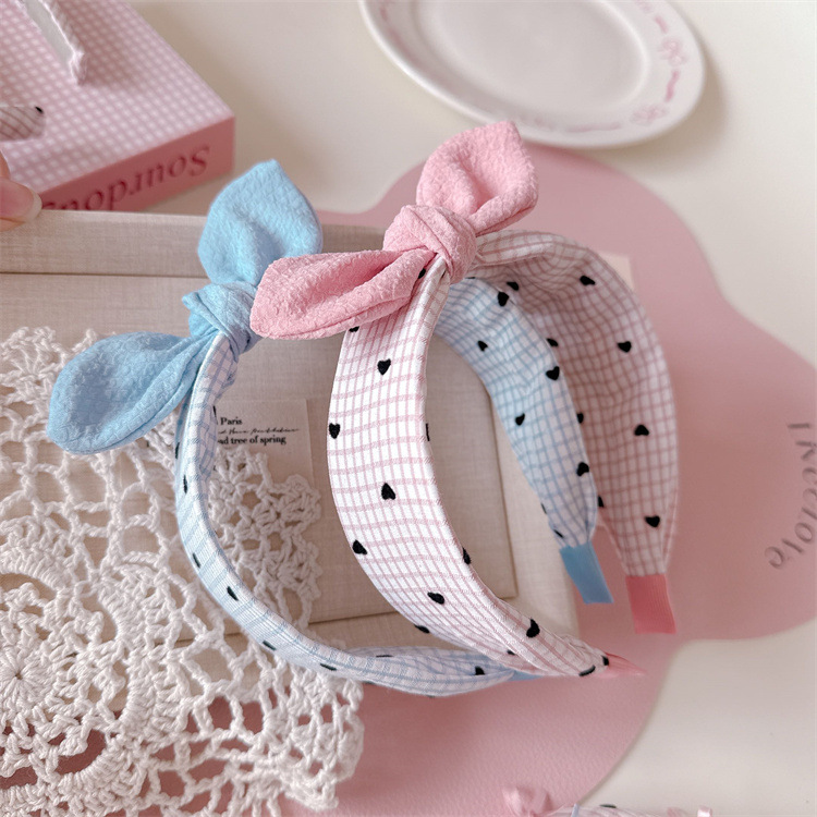 春季儿童格子爱心宽边发箍亲子款布艺蝴蝶结头箍女孩外出发卡头扣