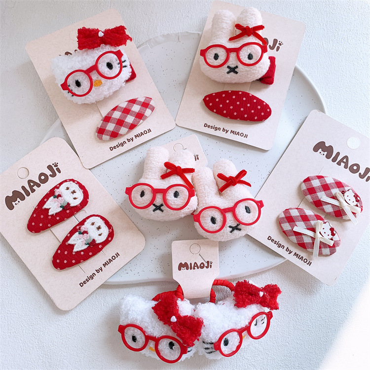 秋冬儿童毛绒卡通兔子发夹小猫发圈刘海碎发BB夹女童扎头发绳皮筋