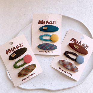 初秋新款 儿童布艺格纹纽扣发夹女童侧边碎发BB夹刘海夹掰掰夹发卡