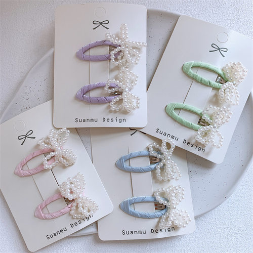 新款儿童珍珠蝴蝶结发夹甜美少女串珠清新镂空水滴BB夹侧边刘海夹