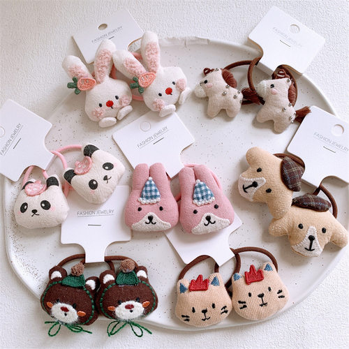 新款儿童可爱充棉卡通小熊兔子发圈小女孩扎头发皮筋头绳对装发绳