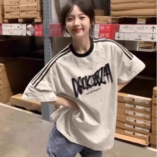灰色三条杠纯棉短袖t恤女大童夏季新款初中高中学生宽松半袖上衣