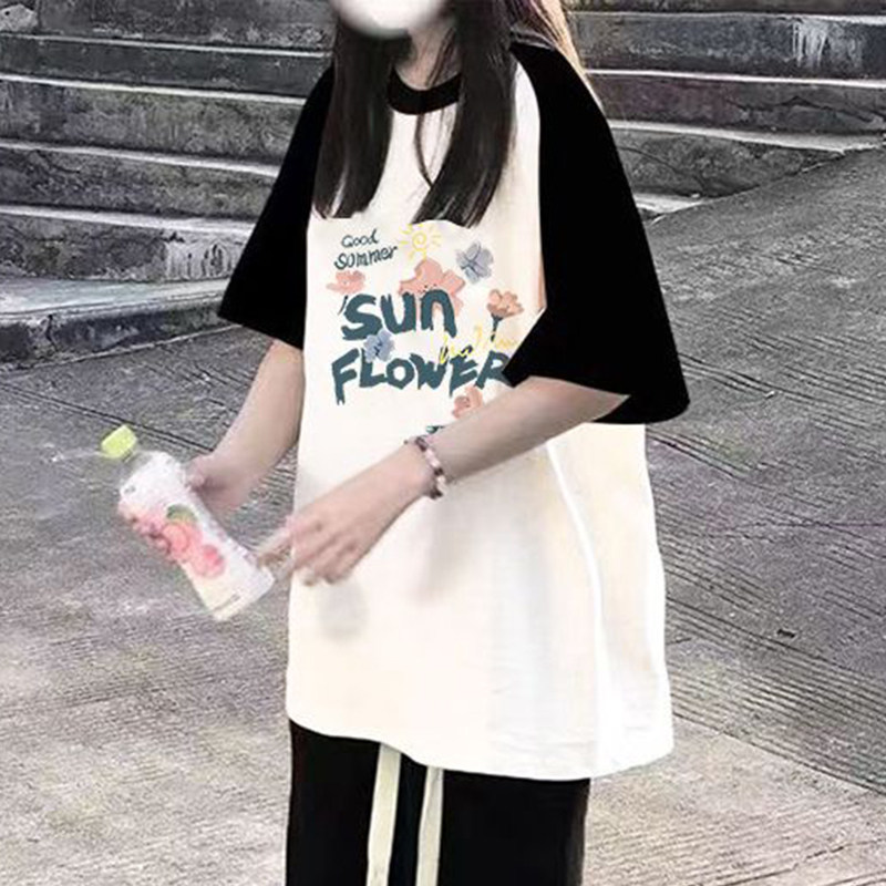 夏季洋气撞色纯棉短袖T恤女大童韩版爆款宽松初中生高中别致上衣