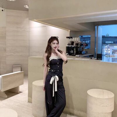 麻吉麻吉mochi蓝调时分吊带荷叶边拼接长袖上衣春季阔腿裤套装