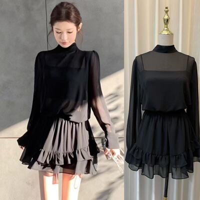 CHICYOU 屋顶 Ys1风冷艳气质美女黑色雪纺长袖+荷叶短裙