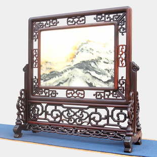 大红酸枝嵌大理石插屏交趾黄檀红木台屏桌面玄关屏风高档装饰摆件