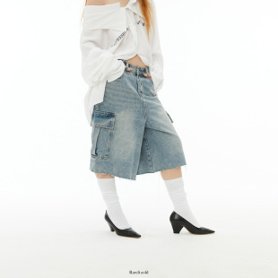 牛仔中裤 手撕毛边工装 Rarelicold Rockrio