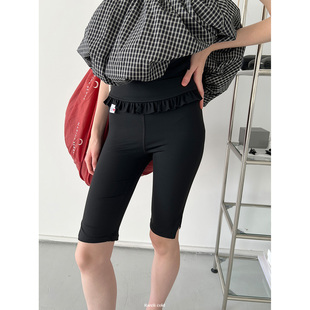 黑色 花边侧开衩五分打底裤 Rockrio Rarelicold