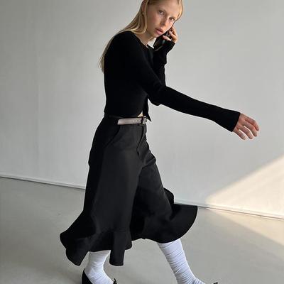 Rockrio Rarelicold 花朵边黑色直筒中裤