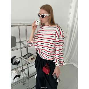 T恤 条纹垫肩长袖 红黑条纹白底 Rarelicold Rockrio