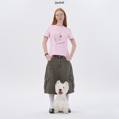 Rockrio Rarelicold “its doodle here！ 狗狗图案合身短袖 粉色