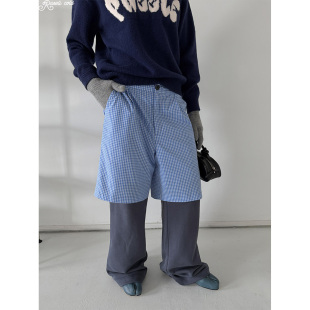 蓝色格纹藏青色 假两件一体休闲卫裤 Rockrio Rarelicold