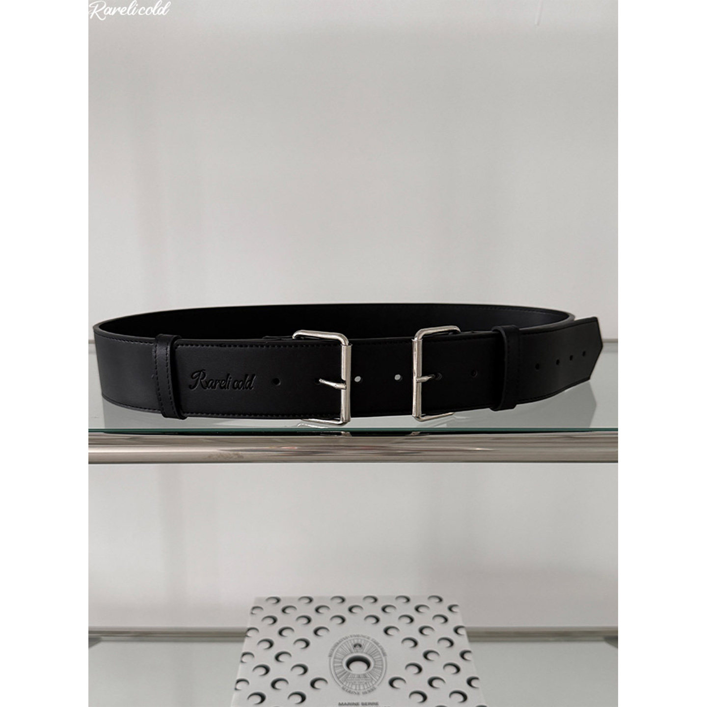 Rockrio Rarelicold 双头压纹logo黑色宽版腰带装饰皮带