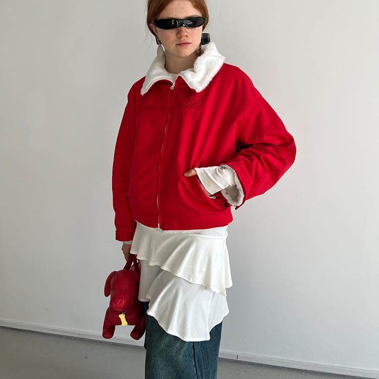 Rockrio Rarelicold 红色毛绒绒宽松棉服夹克