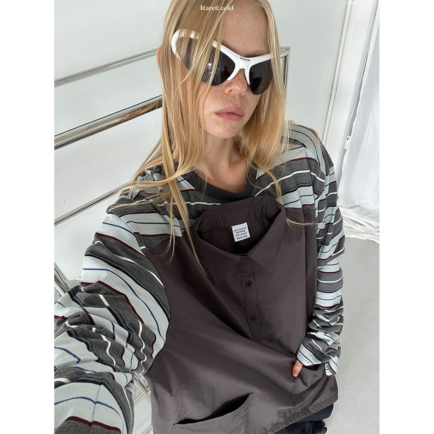 Rockrio Rarelicold 假两件前片衬衫拼接三色条纹长袖