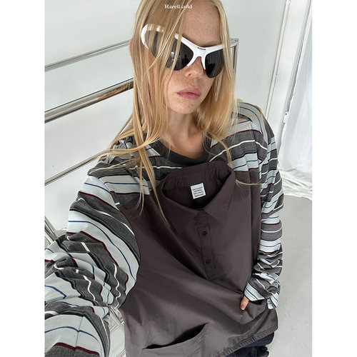 Rockrio Rarelicold 假两件前片衬衫拼接三色条纹长袖