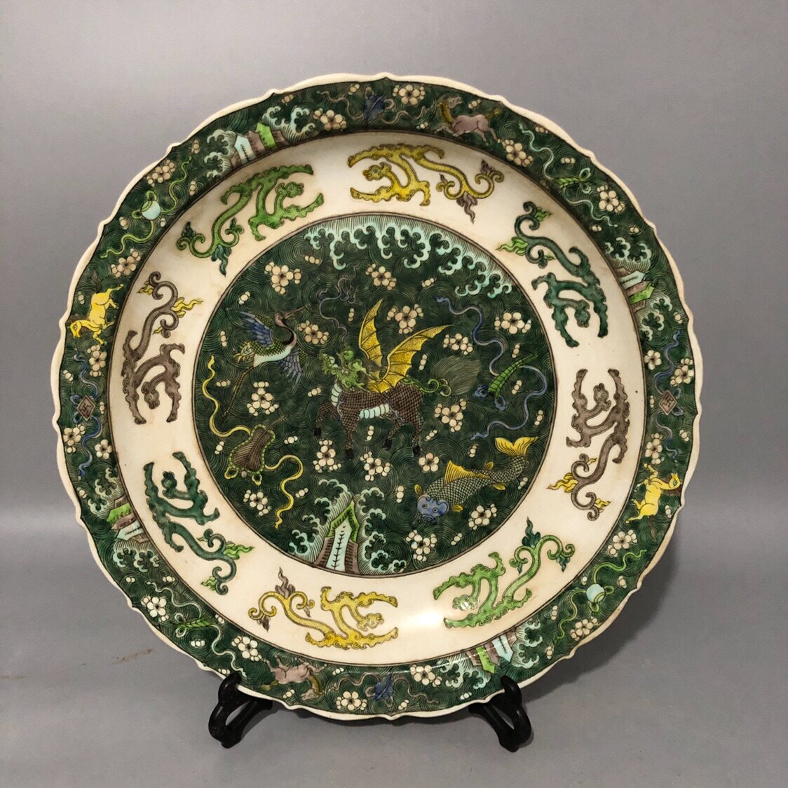 大清康熙年制素三彩海怪纹瓷盘做旧家藏手工仿古瓷器古玩复古收藏