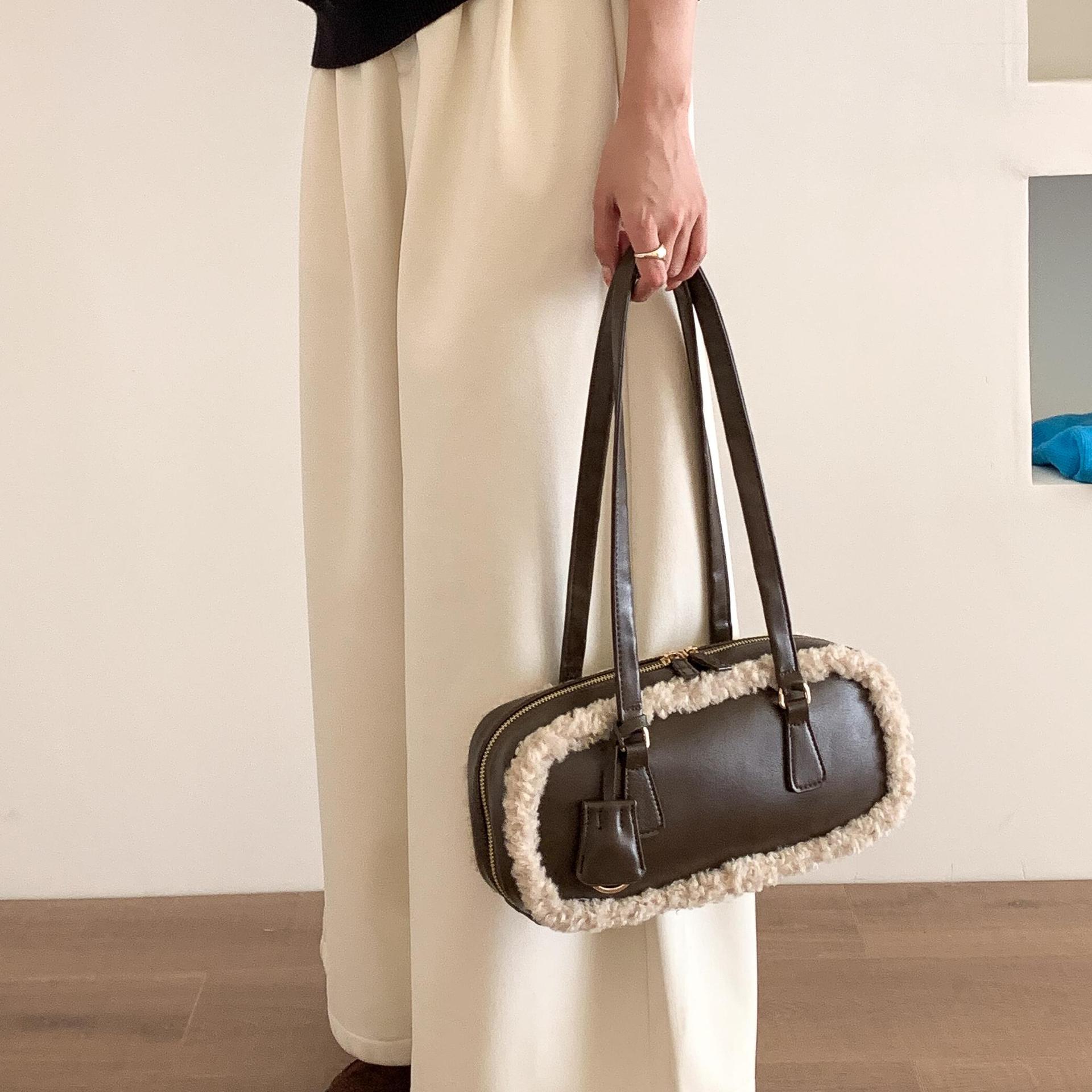 跨境复古毛绒包小众波士顿法棍腋下包羊羔绒边拼接时尚女士单肩包