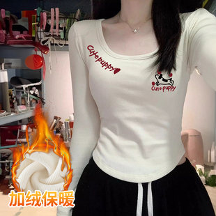 加绒加厚德绒打底衫女秋冬新款内搭保暖修身低领U领长袖T恤上衣