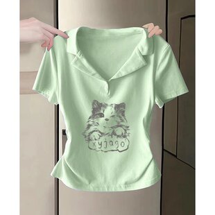 韩系正肩薄荷绿印花POLO衫短袖T恤女夏修身显瘦小众独特绝美上衣