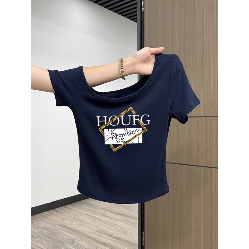 纯欲藏蓝色斜领露肩短袖T恤女夏一字肩设计感弹力修身气质短上衣,女装/女士精品,T恤,淘宝优惠券,粉丝福利购,淘宝优惠卷