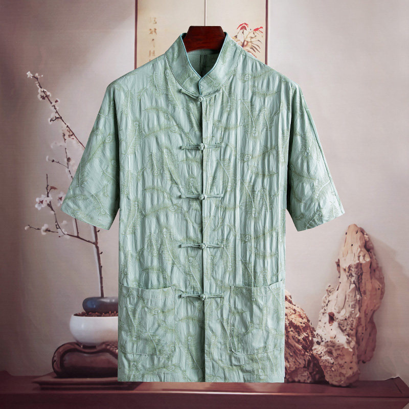 由天丨男士精梳棉夏装中国风唐装短袖衬衫新中式男装薄款提花立领