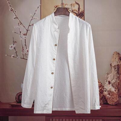 由天丨新款暗门襟男士衬衫中式休闲提花长袖衬衣中国风男装薄款