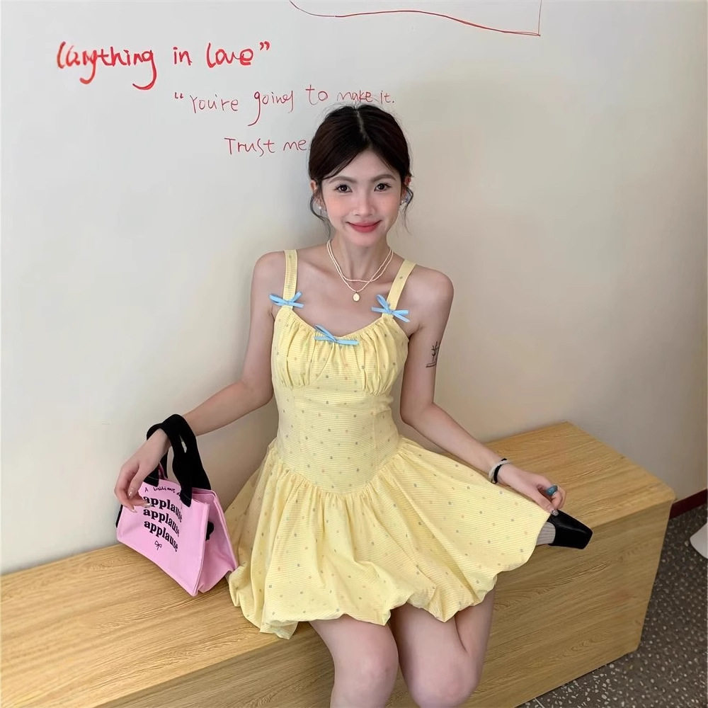 多巴胺黄色吊带连衣裙女甜美小个lolita洛丽塔连