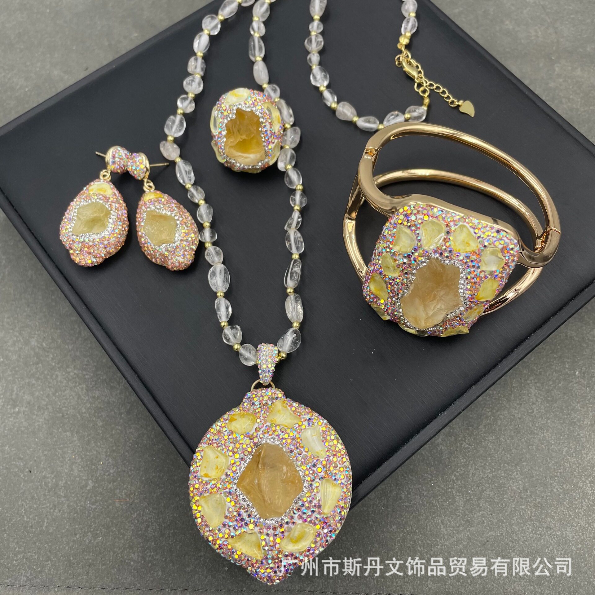 天然原矿黄水晶中古项链套装 法式小众珠宝毛衣链个性保色四件套