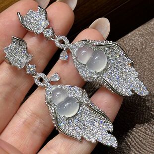 奢华弯曲叶子镶钻仿白玉髓葫芦精致耳环叶子宝石耳环气质国潮时尚