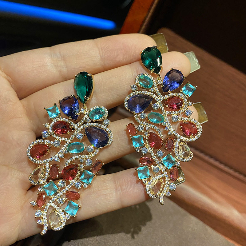 重工彩色葡萄水滴耳环奢华复古气质彩钻百搭配饰时尚花朵度假耳坠
