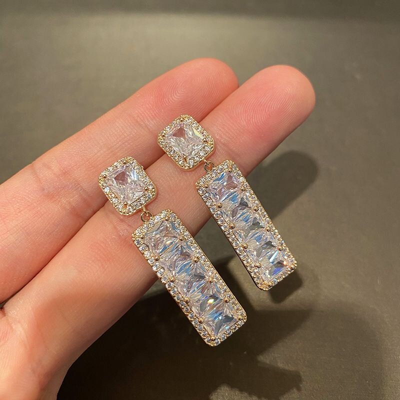 奢华T方锆石长方形耳环全锆石复古新品精巧简约百搭几何形耳饰