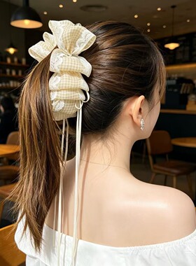 韩版新款多层蝴蝶结蕾丝花边格纹织带香蕉夹清新甜美扭扭夹发夹女
