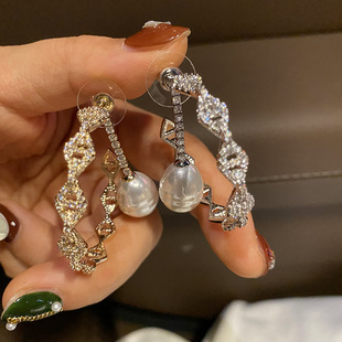简约高级感菱形C圈珍珠吊坠气质耳饰C形圈圈耳坠女复古巴洛克长款