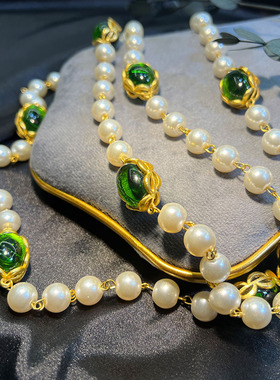 中古项链毛衣链叠带绿色琉璃珠珠宫廷风vintage轻奢复古