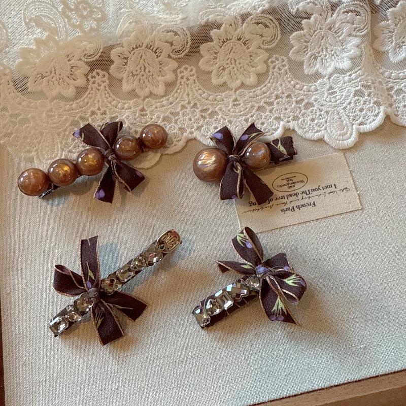 韩国气质布艺蝴蝶结水钻发夹边夹高级感一字夹刘海发卡后脑勺头饰