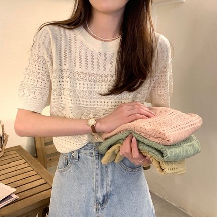 韩版chic夏季甜美圆领套头T恤衫设计感镂空提花薄款针织衫上衣女