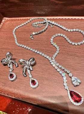 复古风巴洛克红钻蝴蝶结水滴耳环项链套装气质百搭红宝石法式秋
