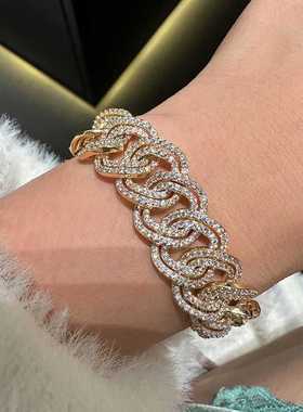 非常重工奢华的古巴金色大锁链手链女满镶锆石珠宝风链条精致高