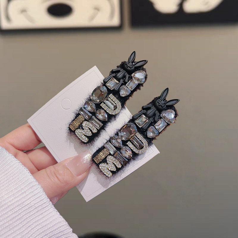 秋冬新款毛绒闪钻兔子字母发夹侧边夹刘海夹后脑勺碎发夹发卡发饰