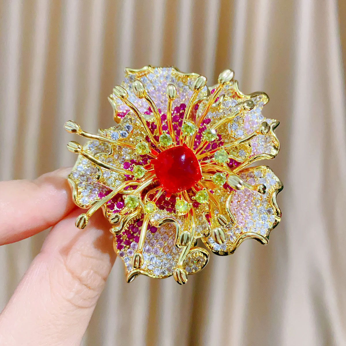 欧美高级重工锆石花胸针宫廷风玉髓彩色牡丹胸花高档配饰胸花女奢