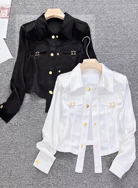 欧洲站2024夏季新款休闲洋气醋酸真丝翻领短款机车夹克外套女