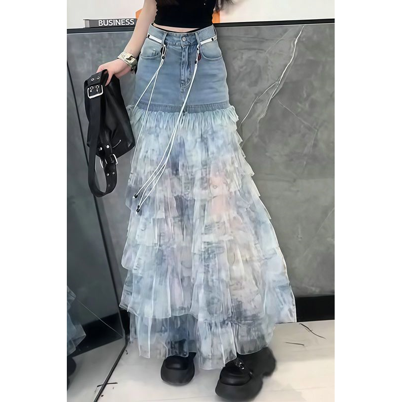 蓝色扎染牛仔拼接半身裙女夏季新款洋气蛋糕裙百搭时尚显瘦a字裙